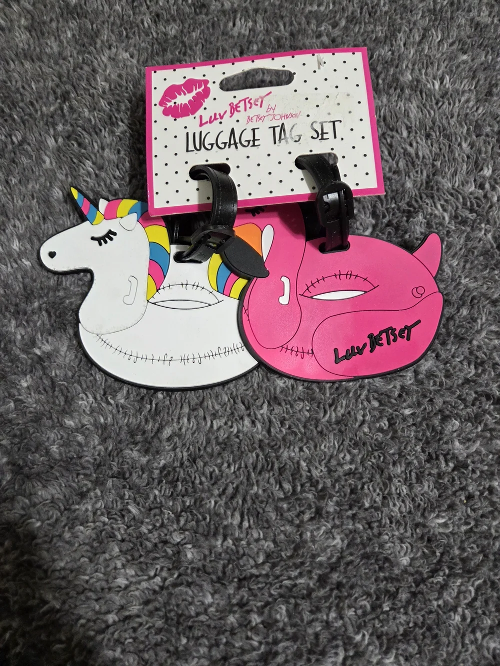 Betsey Johnson Pink & White Unicorn Luggage Tag Set